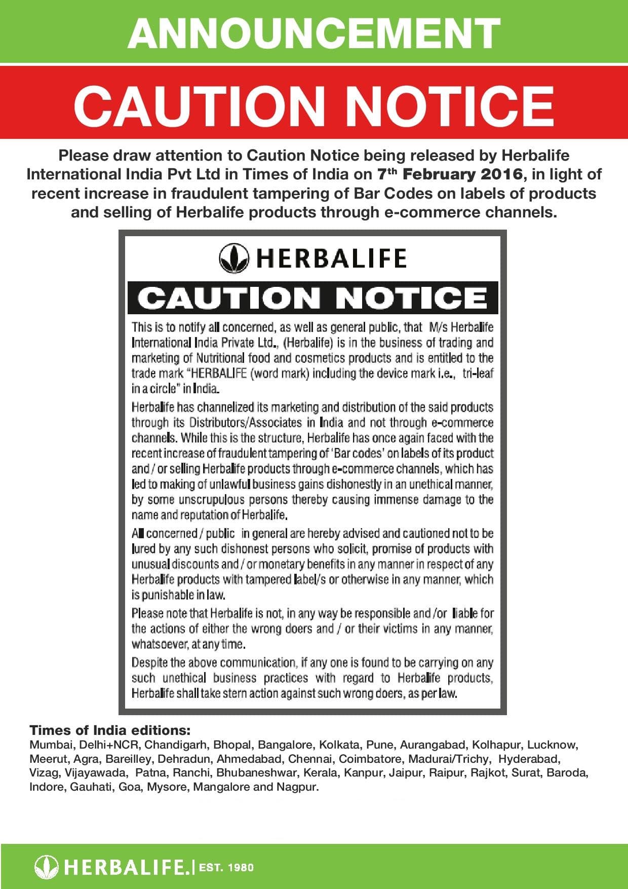 Caution Notice From Herbalife -7th-Feb-2016